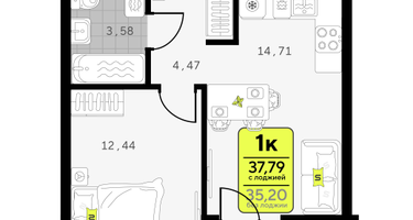 1-к. квартира, 37&nbsp;м²