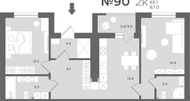 2-к. квартира, 65 м²