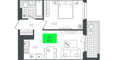 1-к. квартира, 40 м²