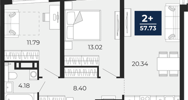 2-к. квартира, 57&nbsp;м²