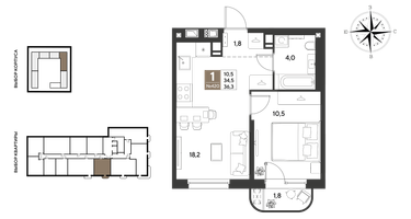 1-к. квартира, 36&nbsp;м²