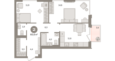2-к. квартира, 60 м²