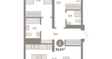 2-к. квартира, 91&nbsp;м²