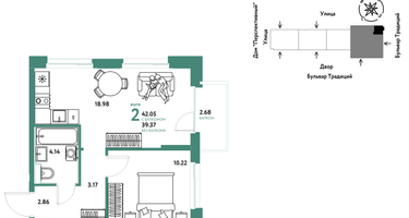 2-к. квартира, 42 м²