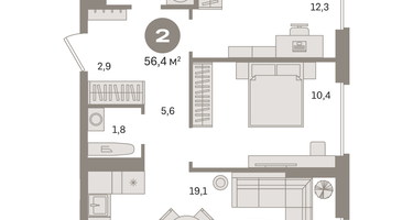 2-к. квартира, 56 м²