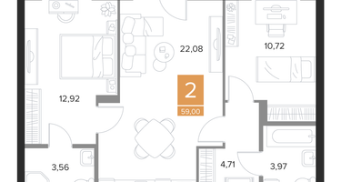 2-к. квартира, 59&nbsp;м²