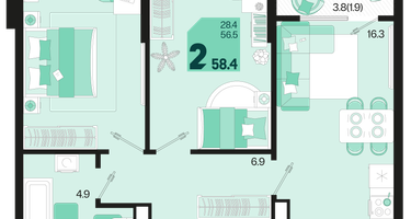2-к. квартира, 58&nbsp;м²