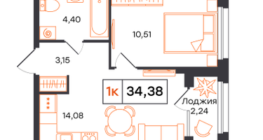 1-к. квартира, 34&nbsp;м²