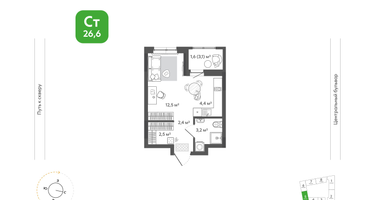 1-к. квартира, 26&nbsp;м²