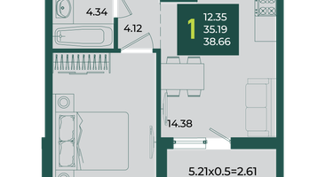 1-к. квартира, 38&nbsp;м²