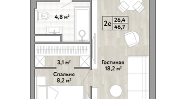 1-к. квартира, 46 м²