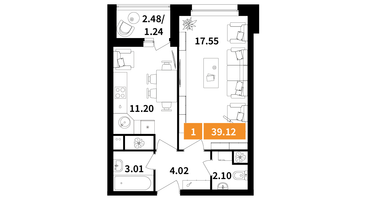 1-к. квартира, 39&nbsp;м²