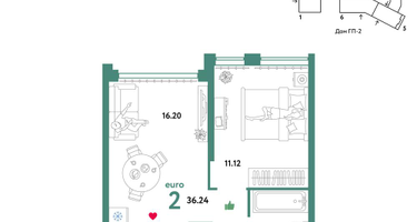 2-к. квартира, 36&nbsp;м²