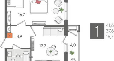 1-к. квартира, 41 м²