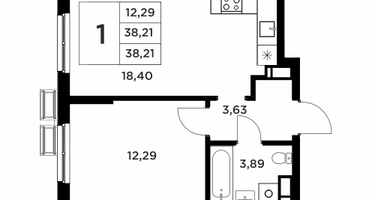 1-к. квартира, 38&nbsp;м²