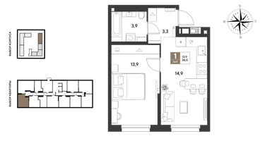 1-к. квартира, 36&nbsp;м²