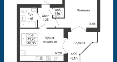 1-к. квартира, 48 м²