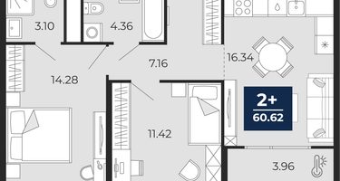 2-к. квартира, 60&nbsp;м²