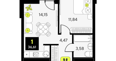 1-к. квартира, 36 м²