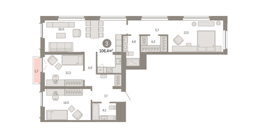3-к. квартира, 106&nbsp;м²