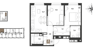 2-к. квартира, 51&nbsp;м²
