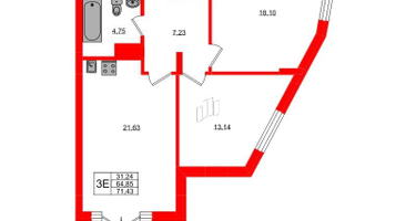 2-к. квартира, 71&nbsp;м²