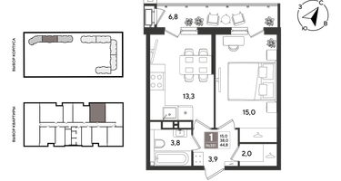 1-к. квартира, 44&nbsp;м²
