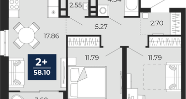2-к. квартира, 56&nbsp;м²
