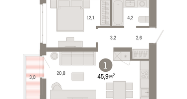 1-к. квартира, 45&nbsp;м²