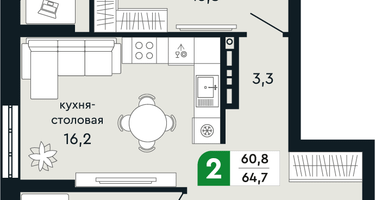 2-к. квартира, 64&nbsp;м²