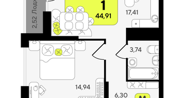 1-к. квартира, 44 м²