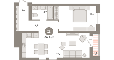 1-к. квартира, 60&nbsp;м²