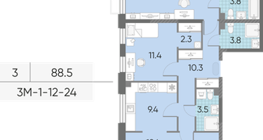 3-к. квартира, 88&nbsp;м²