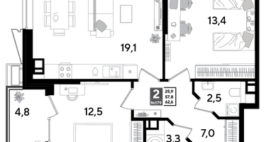 2-к. квартира, 61&nbsp;м²