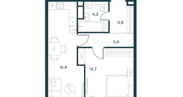 1-к. квартира, 43 м²