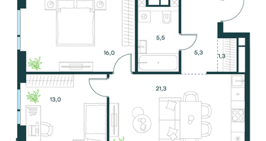 2-к. квартира, 62&nbsp;м²