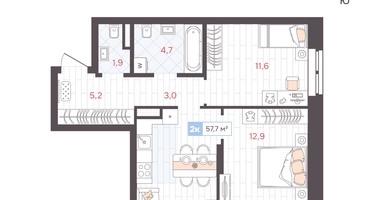 2-к. квартира, 57&nbsp;м²