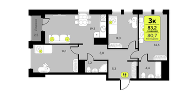 3-к. квартира, 80&nbsp;м²