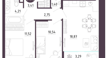 2-к. квартира, 57 м²