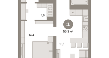 1-к. квартира, 55 м²