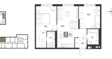 2-к. квартира, 57 м²