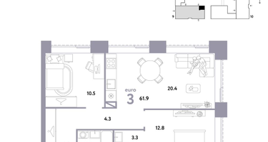 3-к. квартира, 61 м²