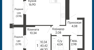 1-к. квартира, 44&nbsp;м²
