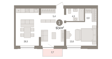1-к. квартира, 56 м²