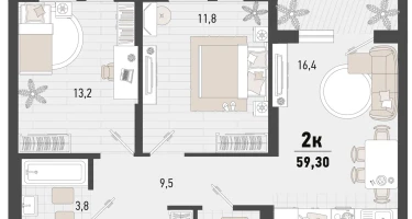 2-к. квартира, 56&nbsp;м²