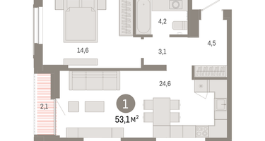1-к. квартира, 53&nbsp;м²