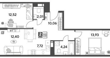 2-к. квартира, 62&nbsp;м²