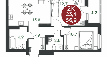 2-к. квартира, 56 м²