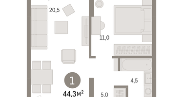 1-к. квартира, 44&nbsp;м²