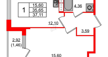 1-к. квартира, 37&nbsp;м²